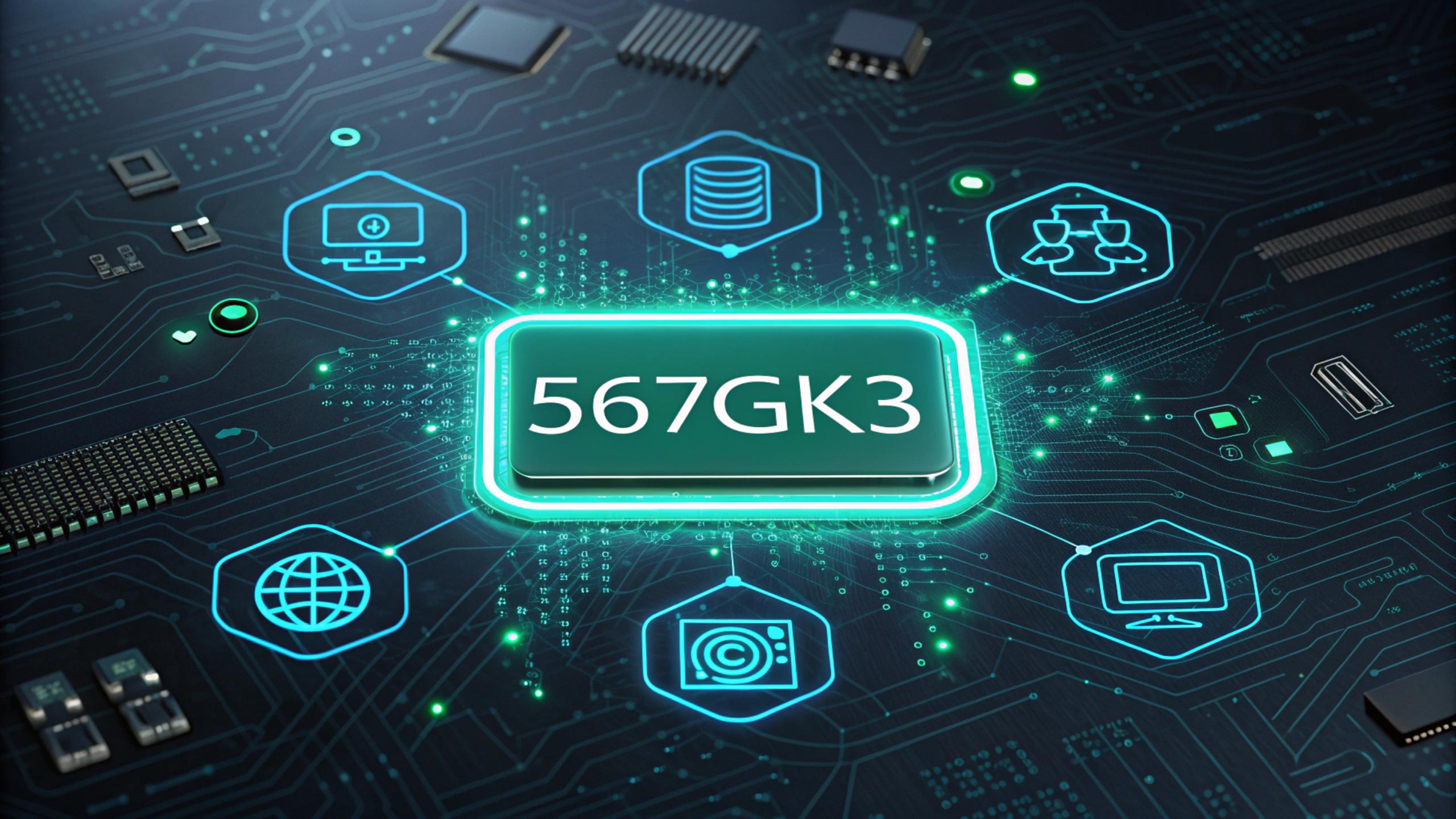 567GK3 code displayed on a futuristic digital screen with software, shopping, and hardware icons around it.