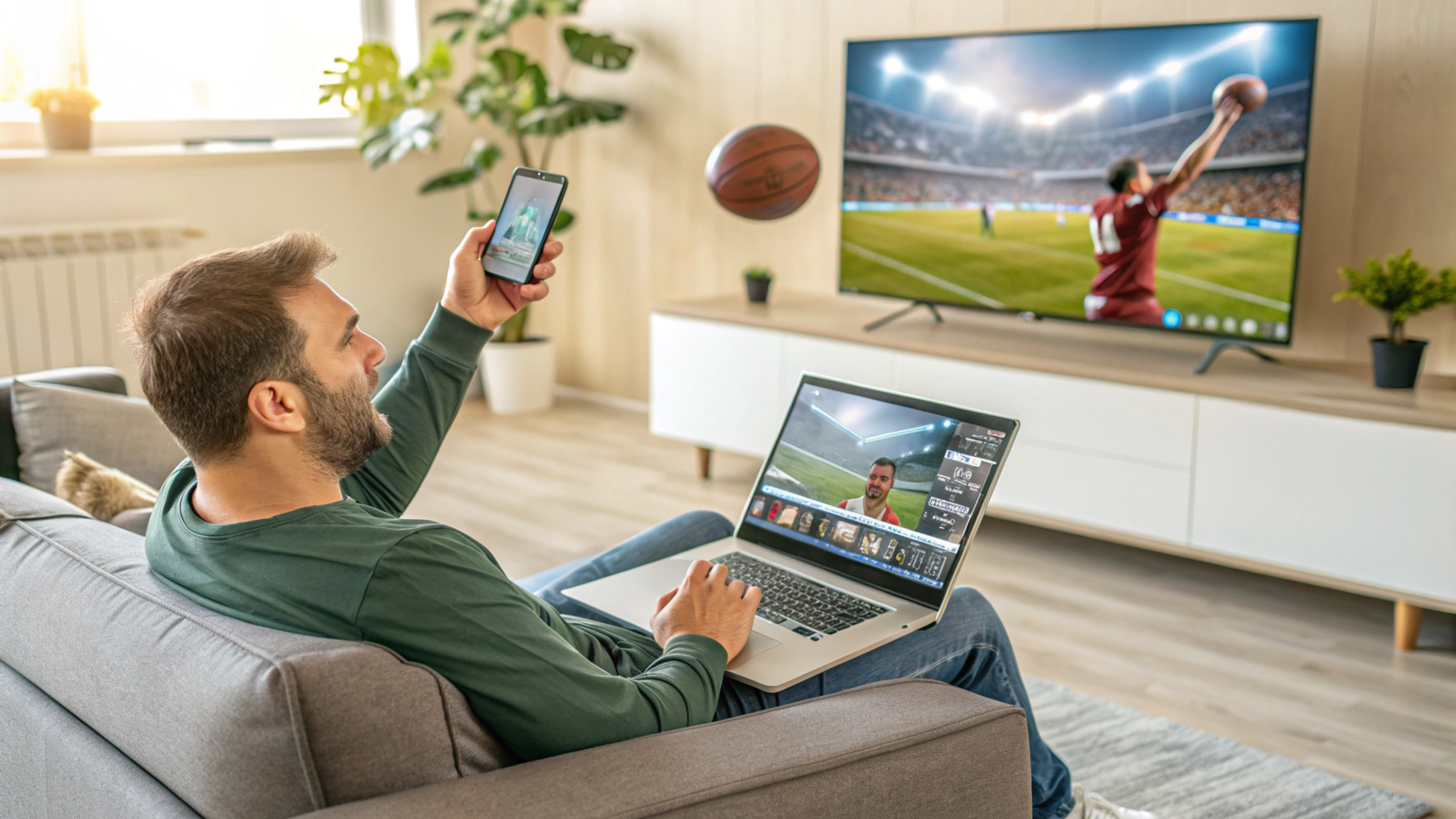 Sports fan watching live football, basketball, and soccer streams on TV, laptop, and smartphone using Streameast.