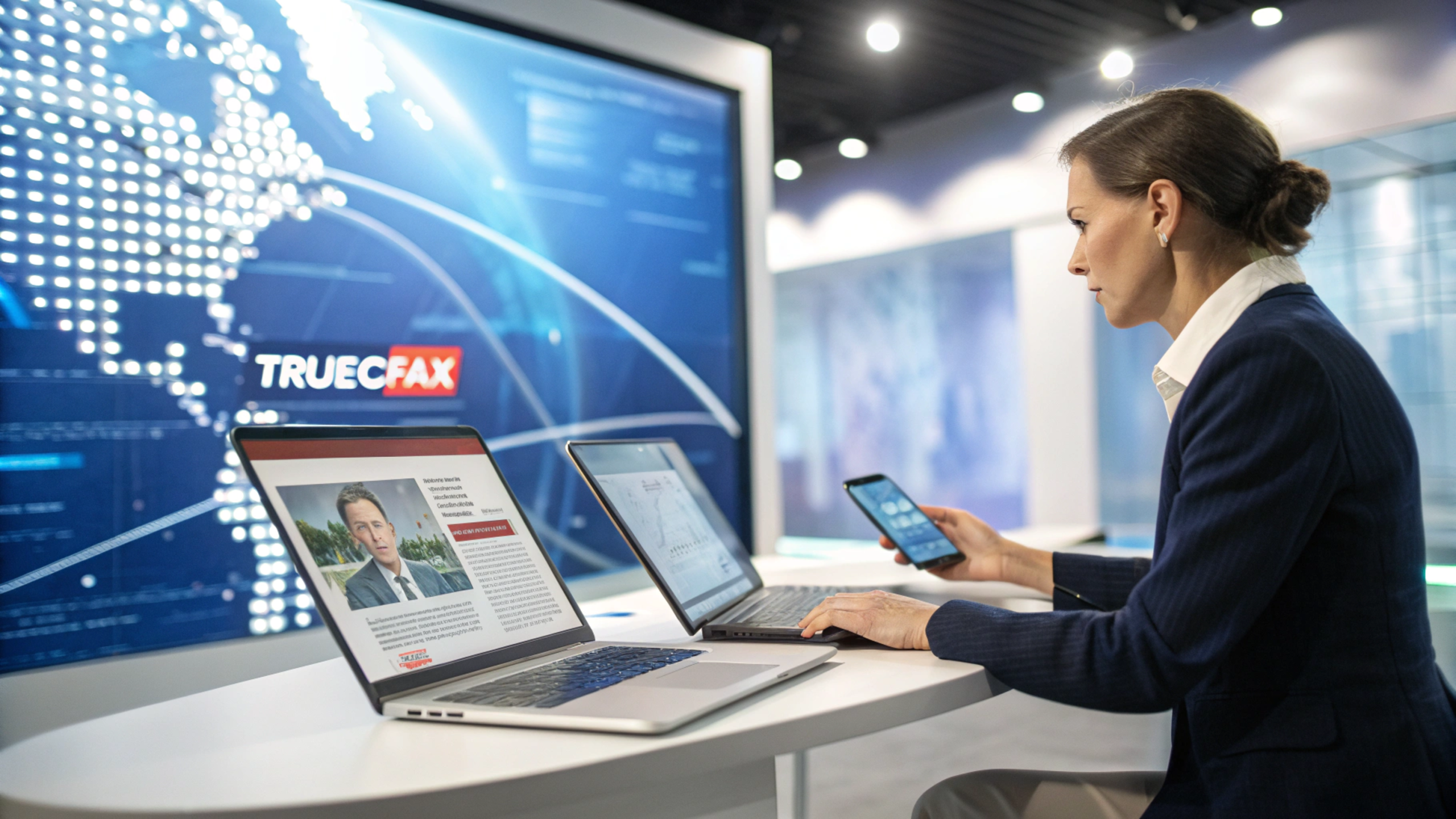 User exploring personalized Trucofax news feed on laptop and smartphone with real-time updates.